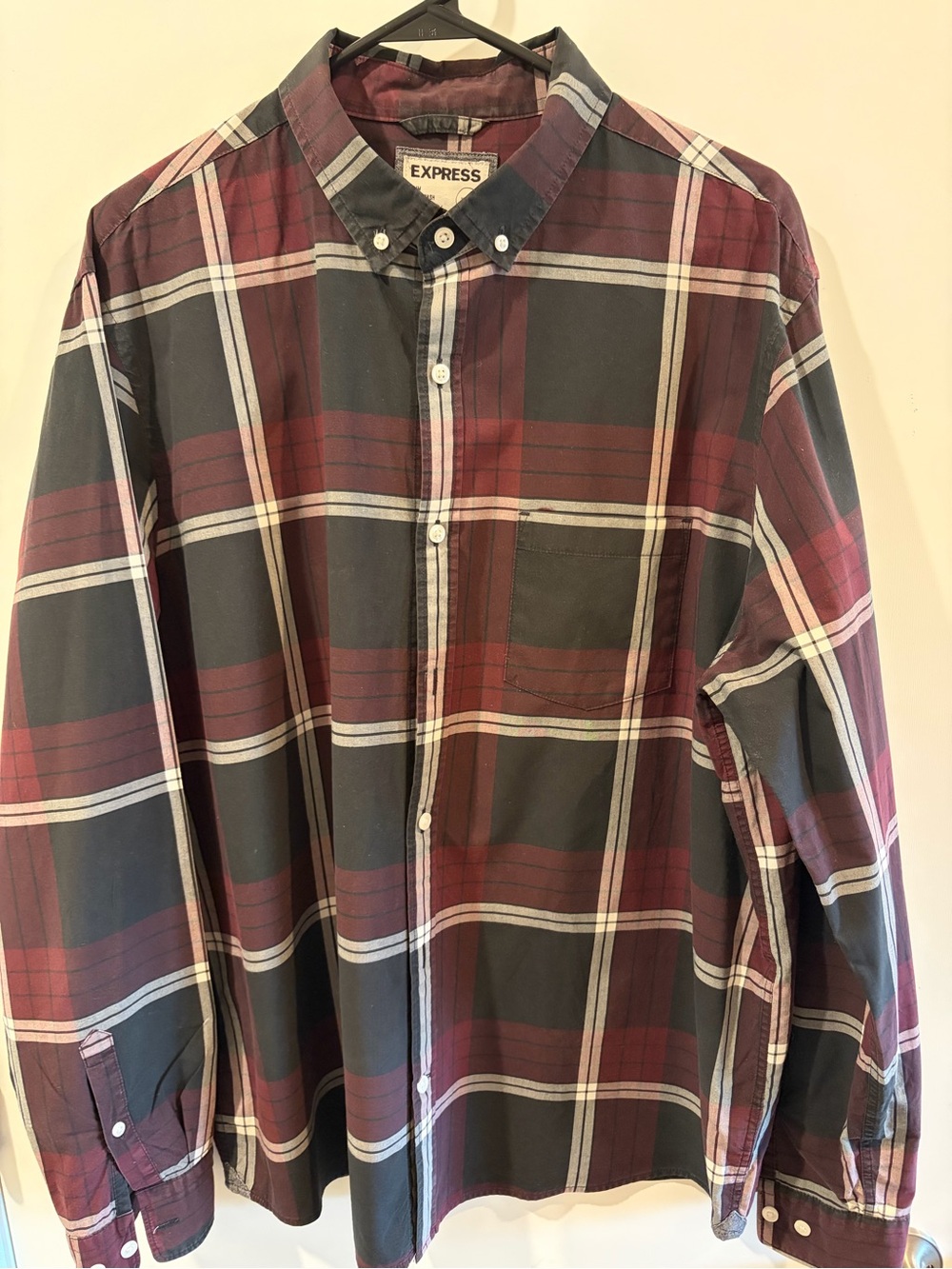 Express Men's Burgundy and Black Plaid Button-Down Shirt with White Accents